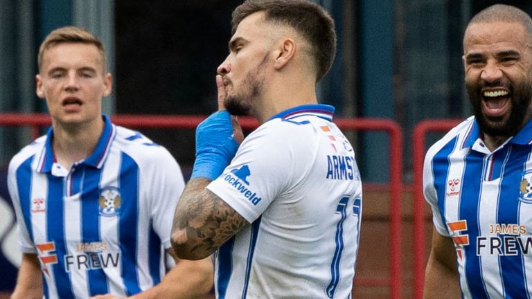 DUNDEE, SCOTLAND - SEPTEMBER 23: Kilmarnock's Daniel Armstrong (C) celebrates scoring to make it 1-1 with his teammates during a cinch Premiership match between Dundee and Kilmarnock at the Kilmac Stadium, on September 23, 2023, in Dundee, Scotland. (Photo by Mark Scates / SNS Group)