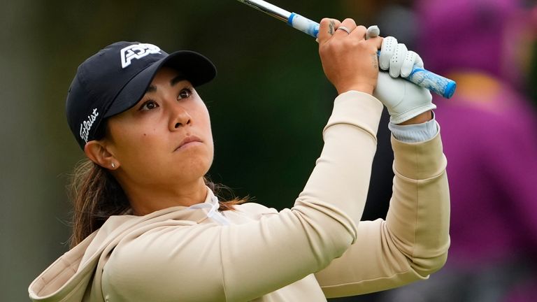 Danielle Kang tees off on the fourth hole during the first round of the Women's PGA Championship golf tournament, Thursday, June 22, 2023, in Springfield, N.J. (AP Photo/Matt Rourke)