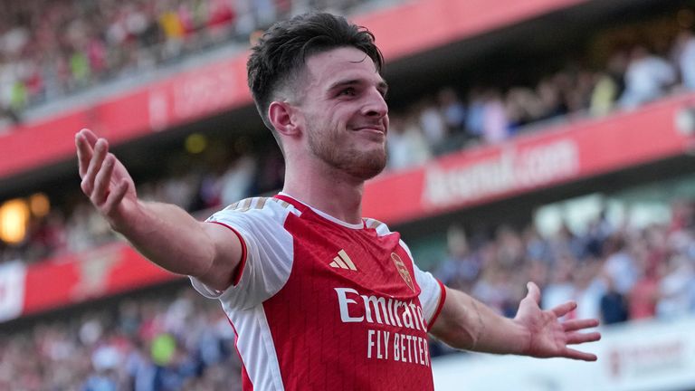 Declan Rice soaks in the adulation after scoring an injury-time winner for Arsenal against Manchester United