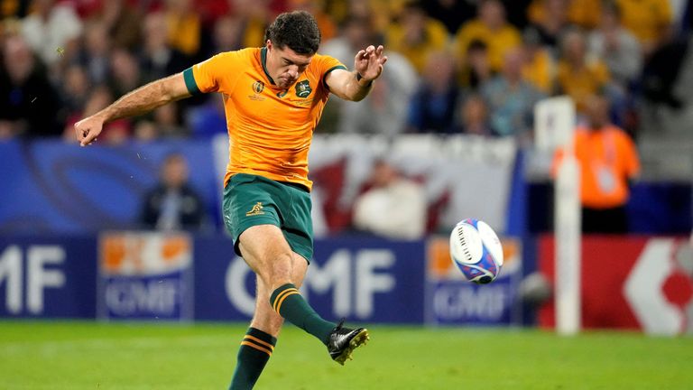 Australia's fly-half Ben Donaldson kicks the ball during the France 2023 Rugby World Cup Pool C 