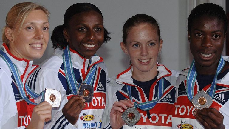 Great Britain's Women's 4x400m Relay Team from left to right: Lee McConnell, Donna Fraser, Nicola Saunders and Christine Ohuruogu with their World Championships bronze medals