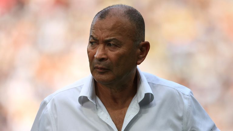 Australia's head coach Eddie Jones waits for the start of the Rugby World Cup Pool C match between Australia and Fiji at the Stade Geoffroy Guichard in Saint-Etienne, France, Sunday, Sept. 17, 2023. (AP Photo/Aurelien Morissard)
