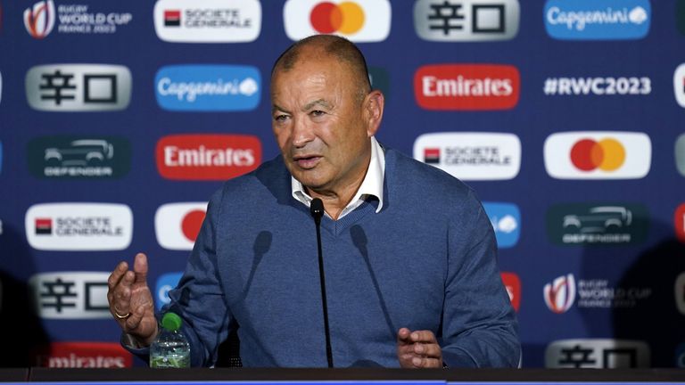 Australia head coach Eddie Jones speaks during a post-match press conference following the Rugby World Cup 2023