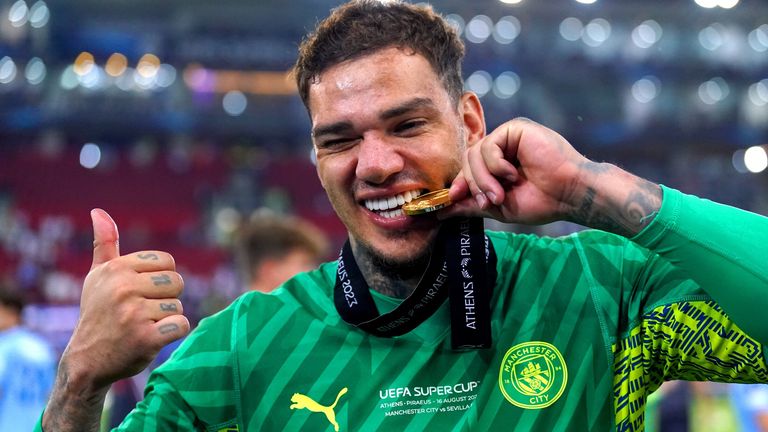 Ederson celebrates after winning the UEFA Super Cup in August