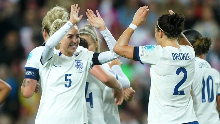England's Lucy Bronze celebrates scoring against Scotland