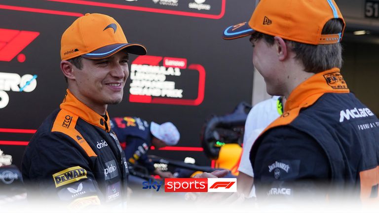 McLaren driver Lando Norris of Britain, left, and McLaren driver Oscar Piastri of Australia congratulate each other after the Japanese Formula One Grand Prix at the Suzuka Circuit, Suzuka, central Japan, Sunday, Sept. 24, 2023. Norris placed second and Piastri third.