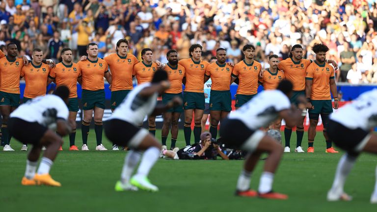 Australia watch on as Fiji perform the Cibi at the 2023 Rugby World Cup
