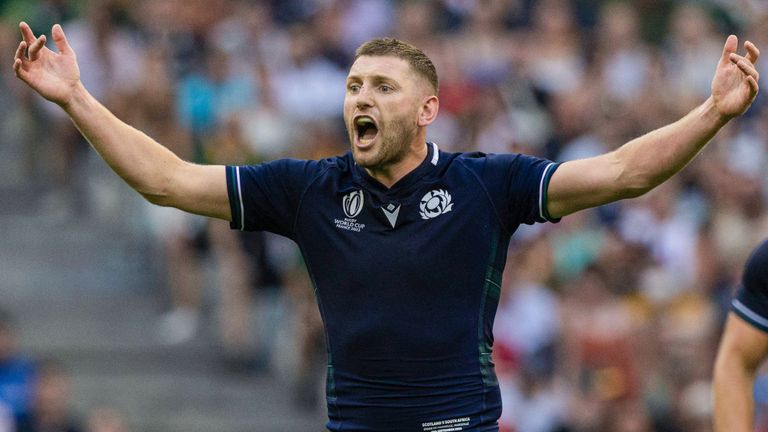 Scotland's Finn Russell shouts at his team-mates during a Rugby World Cup match between South Africa