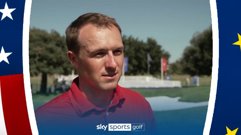 Jordan Spieth speaks to Dharmesh Sheth after practicing with his friend Justin Thomas out on the course and on the driving range.