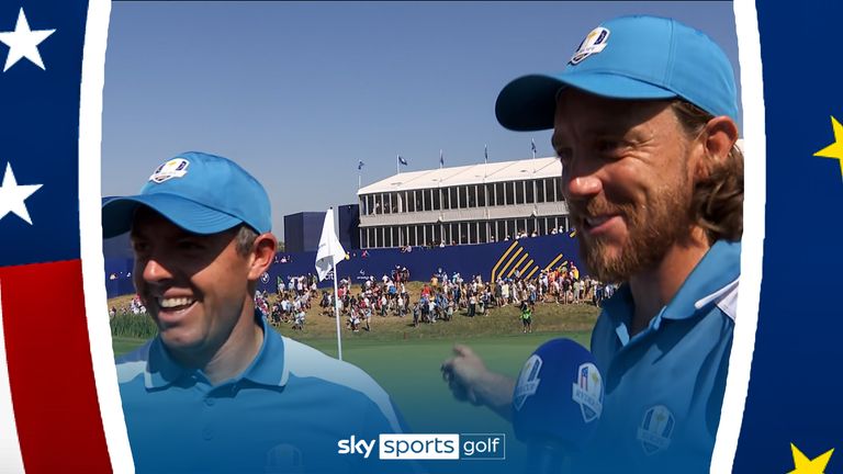 Rory McIlroy and Tommy Fleetwood reflect on their 2&1 win over Xander Schauffele and Patrick Cantlay at the Ryder Cup in Rome which gave Team Europe a Friday foursomes whitewash over Team USA.