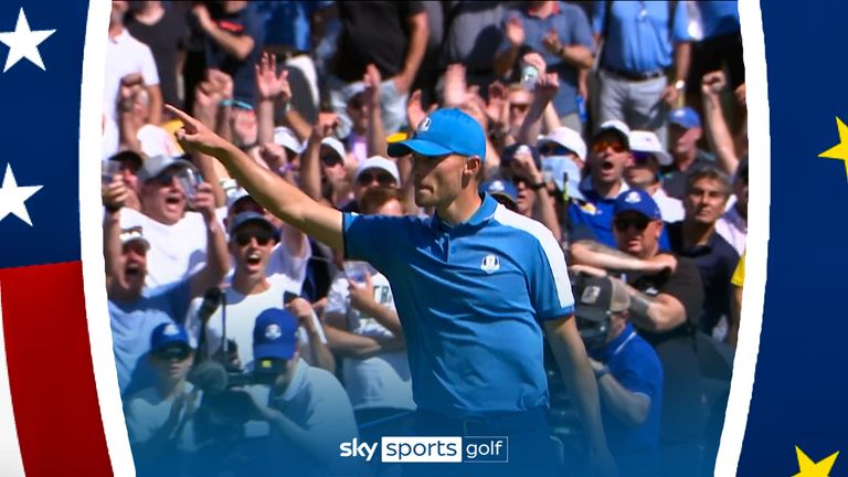 Nicolai Hojgaard holes superb putt in first ever Ryder Cup hole.