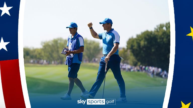 Rory McIlroy sinks putt to put Europe six up. 