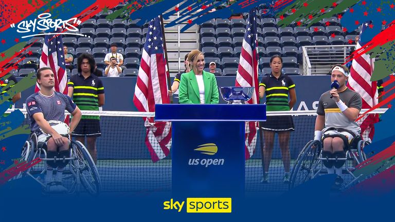 British doubles partners Jordan Reid and Alfie Hewitt talk after facing each other in the US Open Wheelchair Final