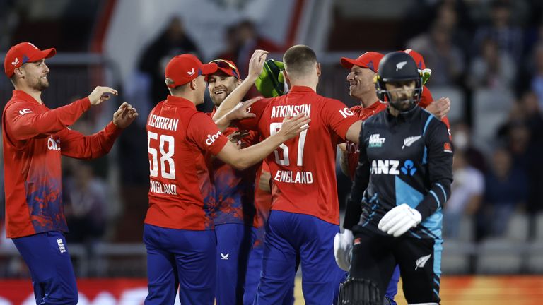 England&#39;s Gus Atkinson celebrates the wicket of New Zealand&#39;s Devon Conway during the second Vitality IT20 match at Emirates Old Trafford, Manchester. Picture date: Friday September 1, 2023.