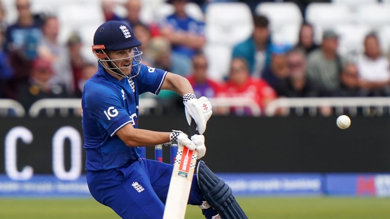 England&#39;s Sam Hain hits for 4 during the second Metro Bank One Day International match at Trent Bridge, Nottingham. Picture date: Saturday September 23, 2023.
