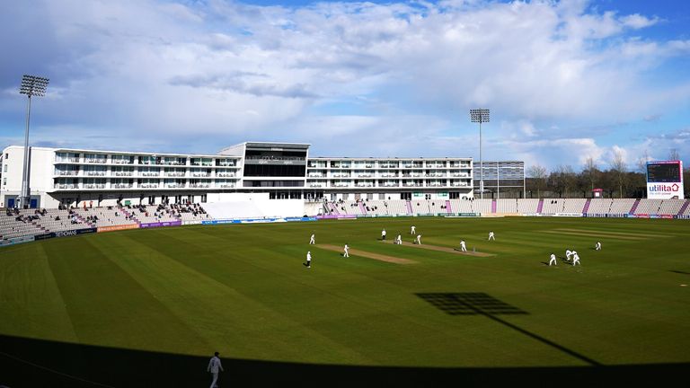 General view of the action with Hampshire batting during day one of the LV= Insurance County Championship Division Two match at The Ageas Bowl, Southampton. Picture date: Thursday April 6, 2023.