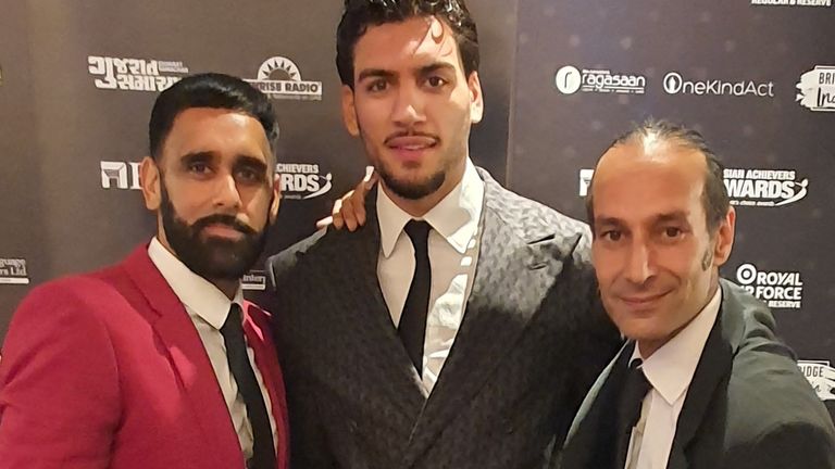 Sheeraz flanked by Bhuinder Singh Gill and Sky Sports News&#39; Dev Trehan