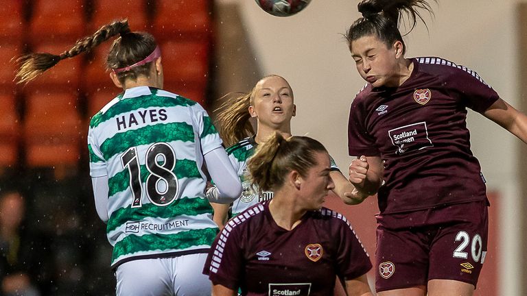 GOAL! 0-2 Carly Girasoli of Hearts with a header from a corner doubles the visitors lead during the ScottishPower Womens Premier League match Celtic Women vs Hearts Women. Excelsior Stadium, Airdrie, 13/09/2023. Image Credit: Colin Poultney/SWPL