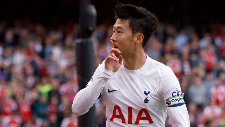 Tottenham&#39;s Heung-min Son gestures after scoring his side&#39;s second goal