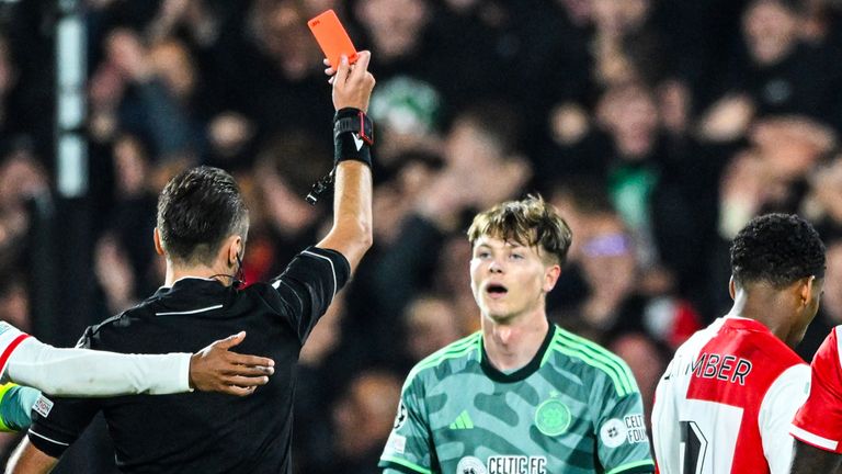 ROTTERDAM, NETHERLANDS - SEPTEMBER 19: Celtic&#39;s Odin Thiago Holm receives a red card for a high challenge during a UEFA Champions League Group E Match between Feyenoord and Celtic at Stadion Feijenoord De Kuip, on September 19, 2023, in Rotterdam, Netherlands. (Photo by Paul Devlin / SNS Group)