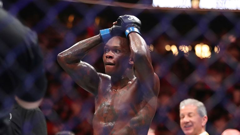  Israel Adesanya celebrates his victory over Alex Pereira in their middleweight fight during the UFC 287 event on April 8, 2023, at the Kaseya Center in Miami, FL. (Photo by Alejandro Salazar/PxImages/Icon Sportswire) (Icon Sportswire via AP Images)