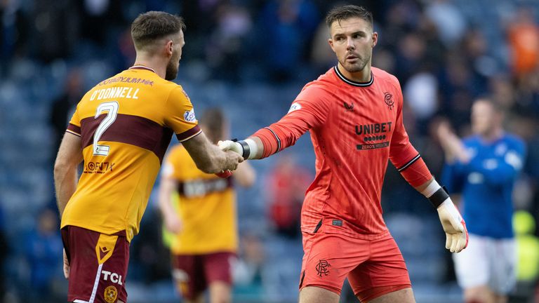 Motherwell's Stephen O'Donnell and Rangers' Jack Butland shake hands at full time