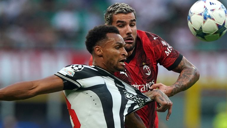 Jacob Murphy tussles for possession with AC Milan&#39;s Theo Hernandez