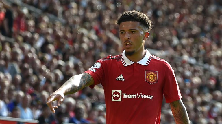 Manchester United's Jadon Sancho during the English Premier League soccer match between Manchester United and Fulham at Old Trafford in Manchester, England, Sunday, May 28, 2023. (AP Photo/Rui Vieira)