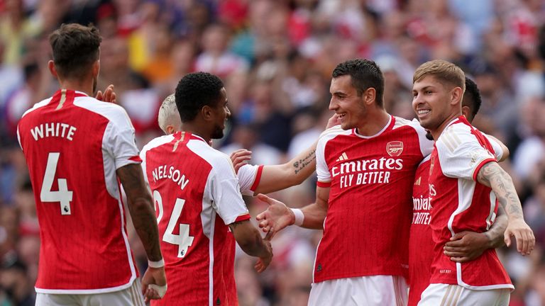 Arsenal&#39;s Jakub Kiwior (third right) celebrates scoring their side&#39;s fifth goal of the game during the Premier League match at the Emirates Stadium, London. Picture date: Sunday May 28, 2023.