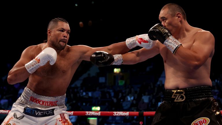 Joe Joyce and Zhilei Zhang in action during the WBO 'Interim' Heavyweight Title at the OVO Arena Wembley,