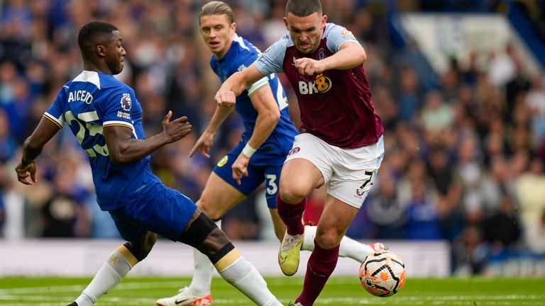 Aston Villa's John McGinn battles for the ball with Chelsea's Moises Caicedo