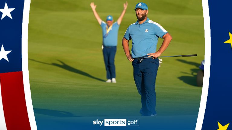 JON RAHM EAGLED THE 18TH AT THE RYDER CUP ON FRIDAY TO CLAIM A THRILLING HALF FOR TEAM EUROPE