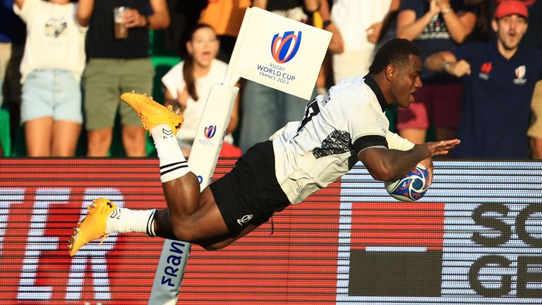 Fiji's Josua Tuisova goes over for his side's try in their win over Australia