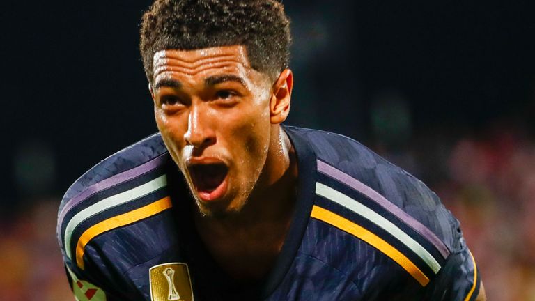 Real Madrid's Jude Bellingham celebrates after scoring his side's third goal during a Spanish La Liga soccer match between Girona and Real Madrid, at the Montilivi stadium in Girona, Spain, Saturday, Sept. 30, 2023. (AP Photo/Joan Monfort)