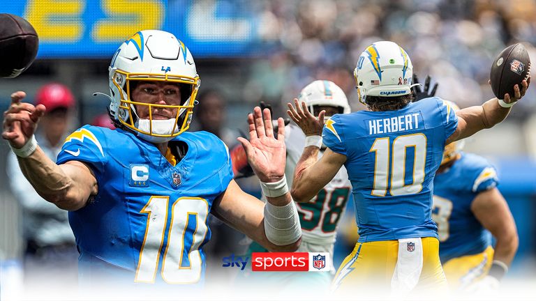 Los Angeles Chargers quarterback Justin Herbert throws against the Miami Dolphins