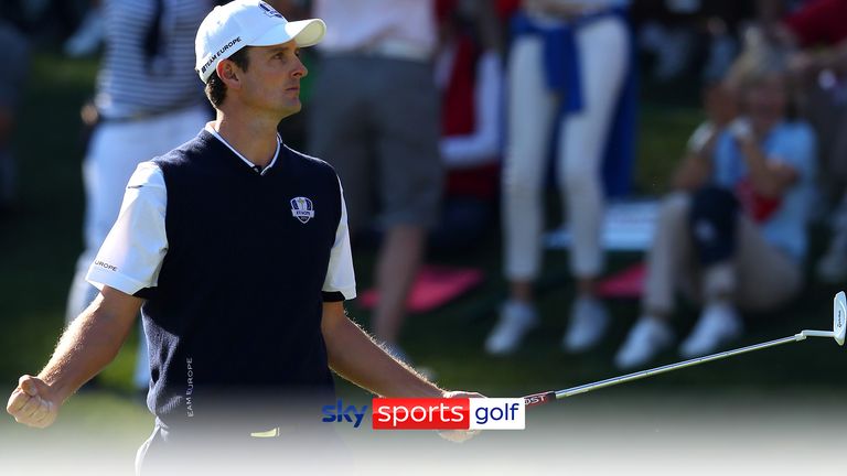 JUSTIN ROSE BERSEMANGAT SETELAH MELAKUKAN PUTT DI HOLE KE-17 DI MEDINAH DALAM RYDER CUP