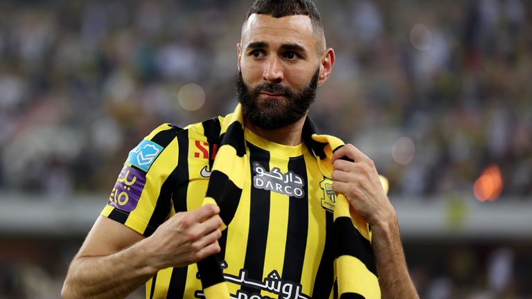 Karim Benzema during his unveiling for Saudi Pro League club Al-Ittihad