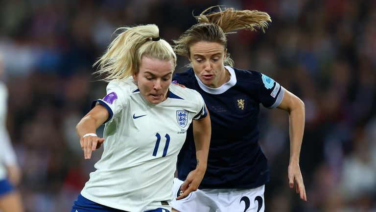 Lauren Hemp of England battles for possession Christy Grimshaw of Scotland during the UEFA Women's Nations League match between England and Scotland at Stadium of Light