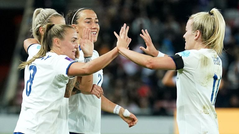 England's Lauren Hemp (right) celebrates scoring the second goal against Scotland
