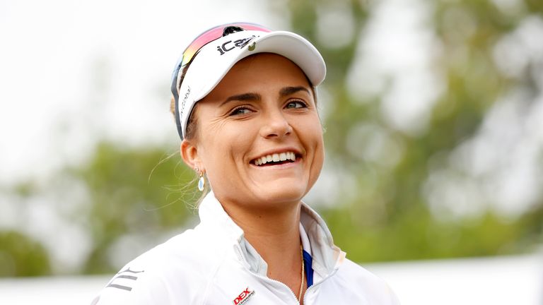 CINCINNATI, OH - SEPTEMBER 10: LPGA player Lexi Thompson smiles as she walks the first hole during the final round of the Kroger Queen City Championship at the Kenwood Country Club in Cincinnati, Ohio. (Photo by Brian Spurlock/Icon Sportswire) (Icon Sportswire via AP Images)