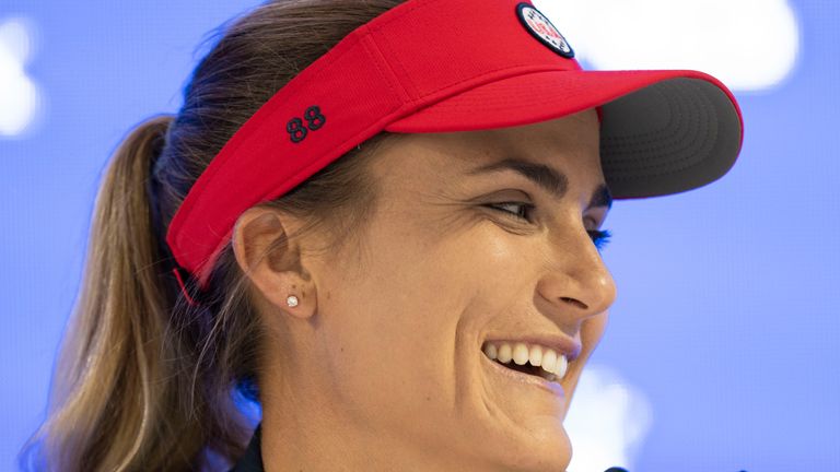 Solheim Cup team US golfer Lexi Thompson attends a press conference at Finca Cortesin, near Estepona, southern Spain, on Tuesday, Sept. 19, 2023. (AP Photo/Bernat Armangue)