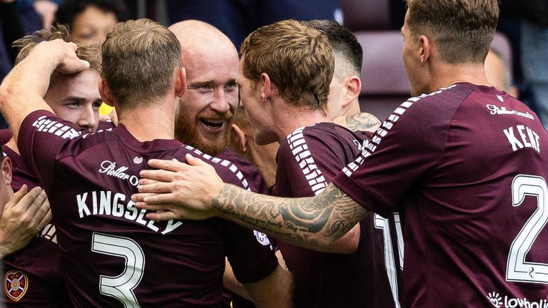 EDINBURGH, SCOTLAND - SEPTEMBER 16: Hearts' Liam Boyce celebrates with teammates after scoring to make it 2-0 during a cinch Premiership match between Heart of Midlothian and Aberdeen at Tynecastle Park, on September 16, 2023, in Edinburgh, Scotland.  (Photo by Mark Scates / SNS Group)