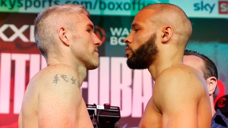 SMITH v EUBANK JR 2 BOXXER .01/09/2023 NEW CENTURY MANCHESTER.WEIGH IN.PIC LAWRENCE LUSTIG/BOXXER.(PICS FREE FOR EDITORIAL USE ONLY).MIDDLEWEIGHT CONTEST.LIAM SMITH v CHRIS EUBANK JNR