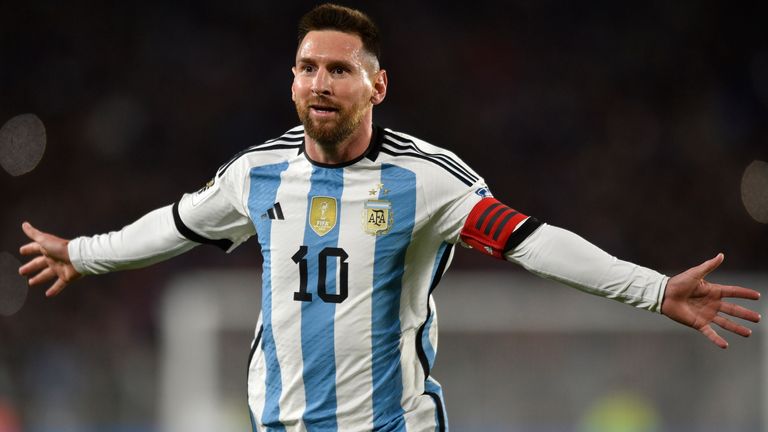 Argentina's Lionel Messi, celebrates scoring his side's first goal against Ecuador at Estadio Monumental in Buenos Aires