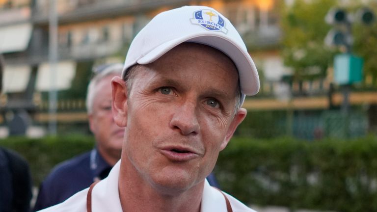 Ryder Cup team Europe captain Luke Donald, talks to reporters as he returns with his team to a hotel in Rome, Monday, Sept. 11, 2023, at the end of a practice session at the Marco Simone golf club where the 2023 Ryder Cup will be played starting next Sept. 29. (AP Photo/Andrew Medichini)