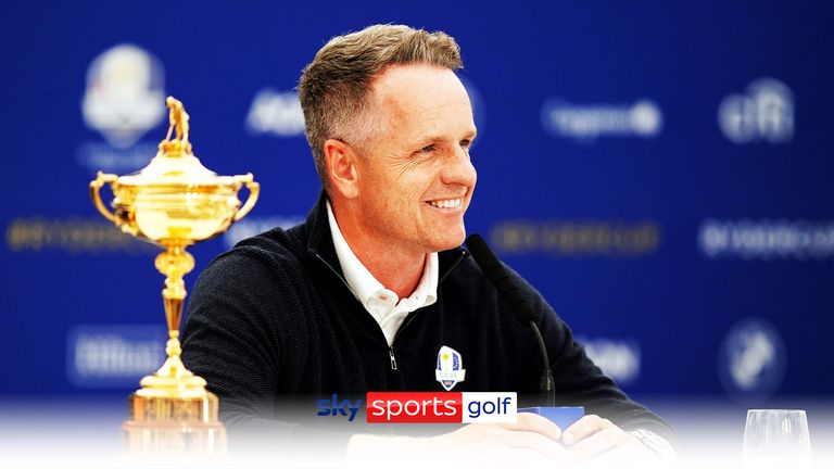 The Ryder Cup trophy on display as Team Europe Captain Luke Donald addresses the media
