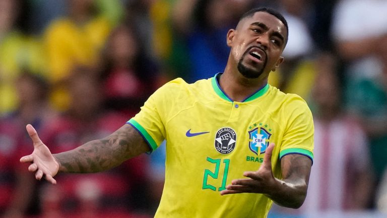 Brazil's Malcom reacts during the international friendly soccer match between Brazil and Senegal, at the Alvalade Stadium in Lisbon, Portugal, Tuesday, June 20, 2023. (AP Photo/Armando Franca)