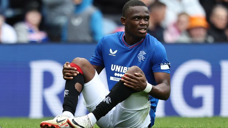 GLASGOW, SCOTLAND - SEPTEMBER 24: Rangers' Rabbi Matondo looks dejected as he goes off injured during a cinch Premiership match between Rangers and Motherwell at Ibrox Stadium, on September 24, 2023, in Glasgow, Scotland. (Photo by Ross MacDonald / SNS Group)