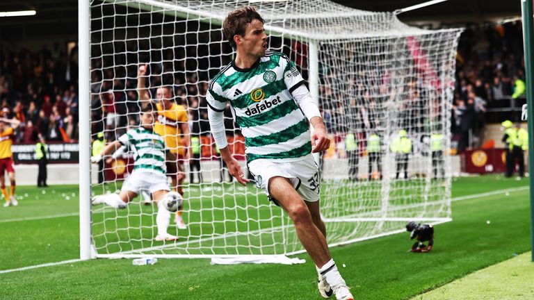 MOTHERWELL, SCOTLAND - SEPTEMBER 30:Matt O...Riley celebrates after scoring to make it 2-1 Celtic  during a cinch Premiership match between Motherwell and Celtic at Fir Park, on September 30, 2023, in Motherwell, Scotland. (Photo by Ross MacDonald / SNS Group)