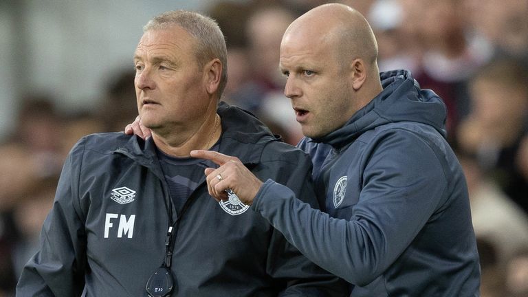 EDINBURGH, SCOTLAND - AUGUST 24: Hearts Head Coach Frankie McAvoy (L) and Technical Director Steven Naismith during a UEFA Conference League Play-Off Round match between Hearts and PAOK at Tynecastle Stadium, on August 24, 2023, in Edinburgh, Scotland. (Photo by Ross Parker / SNS Group)